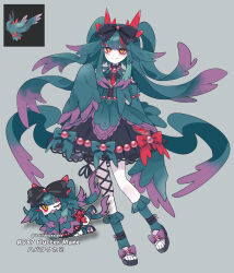  1girl absurdres adoptable black_skirt colored_sclera commentary fang flutter_mane frilled_skirt frills full_body highres koitshidesigns long_sleeves one_eye_closed personification pokemon pokemon_(creature) red_eyes skin_fang skirt sleeves_past_wrists smile solo twitter_username wide_sleeves yellow_sclera 