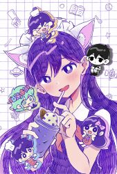  >_< +_+ 2girls 4boys :> :d alternate_costume animal_ears antenna_hair aubrey_(headspace)_(omori) aubrey_(omori) basil_(headspace)_(omori) basil_(omori) black_eyes black_hair blush bright_pupils camera cat_ears checkered_clothes chibi closed_eyes closed_mouth commentary cup double-parted_bangs drinking_straw english_commentary fake_animal_ears flower flower_wreath green_eyes green_hair hair_between_eyes head_wreath hero_(headspace)_(omori) hero_(omori) highres holding holding_camera holding_cup kel_(headspace)_(omori) kel_(omori) long_hair looking_at_viewer maid_headdress mari_(headspace)_(omori) mari_(omori) multiple_boys multiple_girls natsuki0248 omori omori_(omori) open_mouth purple_hair short_hair sidelocks smile upper_body violet_eyes white_pupils xd 