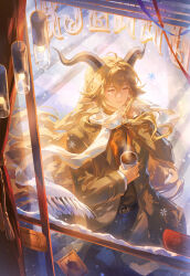  1girl animal_ears arknights artist_name asymmetrical_sidelocks blonde_hair brown_horns coat coffee cup degenbrecher_(arknights) english_text goat_ears goat_girl goat_horns goat_tail helen_zzhao highres holding holding_cup horns long_hair overcoat scarf sidelocks snow solo tail very_long_hair winter 