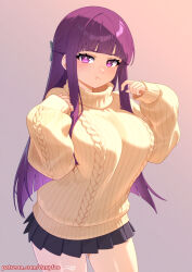  1girl :t black_skirt blunt_bangs breasts brown_sweater cable_knit cowboy_shot danyfoo fern_(sousou_no_frieren) gradient_background grey_background hands_up large_breasts long_hair long_sleeves looking_at_viewer patreon_username pink_background pleated_skirt pout purple_hair ribbed_sweater skirt sleeves_past_wrists solo sousou_no_frieren straight_hair sweater turtleneck turtleneck_sweater v-shaped_eyebrows violet_eyes 