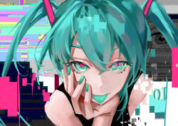  1girl aqua_eyes aqua_nails aqua_tongue black_shirt blue_hair closed_mouth commentary_request crossed_bangs english_text from_above glitch hair_between_eyes hatsune_miku highres long_hair looking_at_viewer microsoft_windows pink_pupils portrait shirt solo sunflower_hua1 tongue tongue_out twintails vocaloid window_(computing) windows_95 windows_classic 