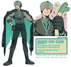  1boy belt black_belt black_boots black_coat black_gloves black_pants blue_coat blue_eyes blue_hair boots coat collared_shirt english_text facial_hair food full_body genderswap genderswap_(ftm) gloves goatee_stubble grey_shirt grey_vest hair_between_eyes hand_on_own_hip hatsune_miku headset highres holding holding_food holding_spring_onion holding_vegetable kimtooth looking_at_viewer male_focus mature_male miku-oji multicolored_coat multiple_girls open_clothes open_coat open_mouth pants shirt short_hair simple_background smile solo_focus sparkle spring_onion stubble two-tone_coat vegetable vest vocaloid waistcoat white_background 