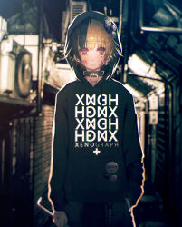  1boy absurdres backlighting badge bishounen black_collar black_hoodie black_pants blood blurry blurry_background bruise bruise_on_face button_badge cheek_tattoo closed_mouth clothes_writing collar cowboy_shot crowbar drawstring ear_piercing earrings face_piercing gauze gauze_on_cheek glint hand_in_pocket hand_tattoo highres holding holding_crowbar hood hood_up hoodie injury jewelry labret_piercing long_sleeves male_focus multicolored_hair o-ring_collar original outdoors pants photo_background piercing pin print_hoodie rejoys short_hair sidelocks split-color_hair standing straight-on tattoo text_tattoo upturned_eyes violet_eyes 