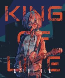  1boy character_name commentary english_text guitar highres hood hood_down hoodie instrument male_focus microphone microphone_stand mrmy_etc nijisanji official_alternate_costume short_hair sidelighting solo untranslatable_commentary uzuki_kou uzuki_kou_(5th_costume) virtual_youtuber 