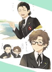  2boys armband black-framed_eyewear black_hair black_ribbon blush brown_hair chibi closed_eyes closed_mouth commentary_request gekkoukan_high_school_uniform glasses hair_slicked_back headpat hiraga_keisuke isa_(peien516) looking_at_another male_focus multiple_boys neck_ribbon odagiri_hidetoshi open_mouth persona persona_3 rectangular_eyewear ribbon school_uniform semi-rimless_eyewear short_hair short_sideburns sideburns speech_bubble thought_bubble translation_request under-rim_eyewear yellow_armband 