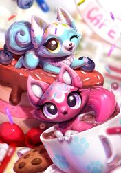  bloominglynx blue_fur blueberry cake character_request cookie cup food fox fruit highres littlest_pet_shop looking_at_viewer one_eye_closed open_mouth pink_fur teacup violet_eyes yellow_eyes 