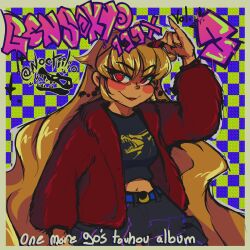  >:) 1990s_fashion 1girl absurdres adjusting_eyewear ahoge album_cover album_name arm_up artist_logo artist_name belt black_pants black_shirt blonde_hair blue_belt blush_stickers border breasts cargo_pants checkered_background closed_mouth coat commentary contemporary cover cowboy_shot crescent earrings english_commentary eyes_visible_through_hair eyewear_on_head floating_earrings fur_coat hair_over_one_eye highres jewelry junko_(touhou) lipstick logo long_hair long_sleeves looking_at_viewer makeup medium_breasts midriff navel no_pupils noctiilio outline pants pinky_out pocket print_shirt puffy_long_sleeves puffy_sleeves red-tinted_eyewear red_coat red_eyes red_lips red_nose shirt sidelocks smile solo sparkle standing sunglasses tinted_eyewear touhou v-shaped_eyebrows very_long_hair white_border white_outline wispy_bangs 