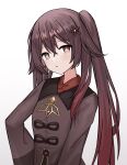  1girl absurdres brown_hair chinese_clothes coat flower-shaped_pupils genshin_impact gradient_hair hair_between_eyes hair_ornament highres hu_tao_(genshin_impact) long_sleeves looking_at_viewer multicolored_hair nagisa_(cxcx5235) red_eyes red_shirt shirt symbol-shaped_pupils white_background 