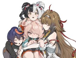  4girls animal_ear_fluff animal_ears aqua_nails armlet bare_shoulders belle_(zenless_zone_zero) black_dress black_hair black_shirt blue_hair bracelet braid braided_twintails bright_pupils brown_hair brown_tail china_dress chinese_clothes closed_eyes closed_mouth clover_hair_ornament commentary_request crossed_bangs dialyn_(zenless_zone_zero) dress droopy_ears earrings furry furry_female green_shirt hair_between_eyes hair_ornament hairband head_on_head head_rest highres hug jewelry long_hair metal_bracelet multicolored_hair multicolored_nails multiple_girls open_mouth pink_fur pink_hair potyaskeleton rabbit_ears rabbit_girl red_eyes red_nails screw shirt short_eyebrows silver_armlet silver_bracelet simple_background sphere_hair_ornament split-color_hair sweatdrop thick_eyebrows white_background white_dress white_hair white_hairband white_pupils ye_shunguang yellow_eyes zenless_zone_zero zhao_(zenless_zone_zero) 