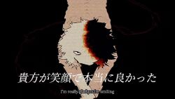  1boy animated animated_gif black_background ember_(jejejunum) english_text guro jejejunum looking_at_viewer looping_animation male_focus monster_boy multicolored_hair open_mouth original rust simple_background skinny smile solo split-color_hair subtitled 