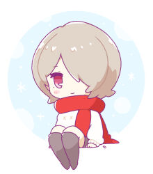  1girl blue_background brown_hair brown_shorts brown_thighhighs chibi closed_mouth commentary_request hair_over_one_eye highres honkai_(series) honkai_impact_3rd invisible_chair looking_at_viewer mole mole_under_eye mon_momu red_scarf rita_rossweisse scarf short_hair shorts sitting smile solo sweater thigh-highs two-tone_background violet_eyes white_background white_sweater winter winter_uniform 