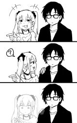  1boy 1girl :3 :d ? expressionless fading fang greyscale high_contrast highres long_hair looking_at_another looking_down meme mesugaki monochrome off-shoulder_shirt off_shoulder original rectangular_eyewear shirt short_hair simple_background smile speech_bubble spoken_question_mark tenten_(chan4545) transparent twintails unamused_friend_comic_(meme) white_background 