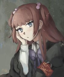  1girl blue_eyes bow commentary eyelashes head_on_hand head_rest highres looking_at_viewer open_mouth purple_bow red_hair solo two_side_up umineko_no_naku_koro_ni upper_body ushiromiya_ange violett3reverie 