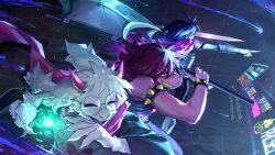  1boy 1girl 1other animal_ears armlet axe blue_hair deltarune furry furry_male gameplay_mechanics goat_boy goat_ears green-framed_eyewear green_robe highres holding holding_sword holding_weapon horns jewelry kris_(dark_world)_(deltarune) kris_(deltarune) magic mane_ax_(deltarune) open_mouth pink_scarf pointing purple_hair ralsei red_eyes reptile_girl robe scarf sharp_teeth spiked_armlet susie_(dark_world)_(deltarune) susie_(deltarune) sword teeth the_fun_gang trou_noir utdr_(toby_fox) weapon 