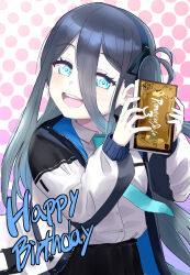  1girl absurdly_long_hair aqua_necktie aris_(blue_archive) ben-day_dots black_hair black_skirt blue_archive blue_eyes book collared_shirt commentary_request dress_shirt hair_between_eyes happy_birthday highres jacket long_hair long_hair_between_eyes looking_at_viewer missing_halo multicolored_jacket necktie nekotarou_(nktr299) one_side_up open_mouth pleated_skirt ringed_eyes round_teeth screentones shirt skirt smile solo teeth two-tone_jacket upper_body upper_teeth_only very_long_hair white_jacket white_shirt 