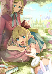  2girls absurdres alice's_adventures_in_wonderland alice_(alice_in_wonderland) blonde_hair blue_dress blue_eyes book card castle character_request chess_piece dress grass highres kanzaki_akine long_hair medium_hair multiple_girls open_mouth outdoors pink_dress playing_card rabbit sitting smile tree white_rabbit_(alice_in_wonderland) 