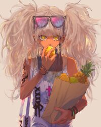  1girl bag bare_shoulders black-framed_eyewear black_ribbon black_shirt blonde_hair blunt_bangs bracelet brown_background commentary_request cross cross-laced_clothes cross_necklace dark-skinned_female dark_skin eating eyelashes eyewear_on_head food fruit groceries gyaru hair_ribbon heart-shaped_bag holding holding_bag holding_food holding_fruit jewelry lemon lime_(fruit) long_hair lower_teeth_only miracle_nikki multiple_bracelets necklace nikki_(series) nostrils open_mouth orange_(fruit) overalls paper_bag pineapple pink-tinted_eyewear ribbon shirt shoulder_bag shoulder_tattoo simple_background sleeveless sleeveless_shirt solo straight-on striped_wristband stylist_(nikki) sunglasses tattoo teeth tinted_eyewear triangular_eyewear twintails upper_body uro_(uvxkf) very_long_hair white_bag white_overalls wristband yellow_eyes 