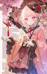  1girl absurdres akiyama_mizuki blurry blurry_foreground buttons cherry_blossoms closed_mouth collar copyright_request curled_fingers dot_nose ear_piercing embroidery floral_print flower flower_ornament frilled_collar frills gloves grey_background hat highres holding holding_umbrella japanese_clothes kimono layered layered_kimono layered_sleeves light_blush long_sleeves looking_at_viewer oil-paper_umbrella origami outstretched_hand paper_crane piercing pink_eyes pink_hair pink_kimono project_sekai rose simple_background single_sidelock smile solo standing sundi3d tilted_headwear umbrella white_gloves wide_sleeves 