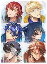  6+boys absurdres animal_ears animal_hood aqua_eyes astel_leda black_hair black_streaks blonde_hair blonde_streaks blue_eyes blue_hair blue_hood dated english_text flower hair_flower hair_ornament hanasaki_miyabi heterochromia highres holostars hood hood_up jackal_boy jackal_ears kageyama_shien kanade_izuru kishido_temma looking_down looking_up male_focus medium_hair multicolored_hair multiple_boys naizou_bug orange_eyes orange_hair outside_border pink_flower portrait red_hair short_hair song_name streaked_hair summertime_record_(vocaloid) violet_eyes virtual_youtuber white_hair yellow_eyes yukoku_roberu 