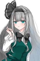  1girl alternate_hair_length_(longer) black_bow black_bowtie black_hairband blush bow bowtie breasts closed_mouth collared_shirt commentary_request green_eyes green_skirt green_vest grey_hair hairband hands_in_own_hair highres juliet_sleeves konpaku_youmu long_hair long_sleeves looking_at_viewer medium_breasts puffy_sleeves ringo33757 shirt simple_background skirt skirt_set smile solo touhou upper_body very_long_hair vest white_background white_shirt 