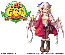  1girl artist_request belt blue_bow blue_hairband boots bow braid brown_boots brown_pantyhose brown_skirt company_name copyright_logo copyright_notice emil_chronicle_online fur-trimmed_boots fur_trim hairband horns jacket logo long_hair lucifero_lore official_alternate_costume official_art pantyhose red_eyes red_jacket shirt skirt solo twin_braids white_hair white_horns white_shirt white_wings wings 