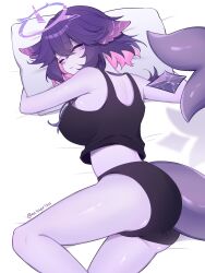  1girl absurdres black_shorts breasts closed_eyes colored_skin eclaerisu facial_mark fins fish_tail hair_between_eyes halo halo_around_horn highres indie_virtual_youtuber large_breasts legs mark_under_both_eyes medium_hair megalodon_(vtuber) pillow purple_hair purple_skin shark_girl shark_tail shorts sleeping solo tail tank_top thighs virtual_youtuber whisker_markings white_background 