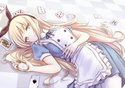  1girl absurdres alice's_adventures_in_wonderland alice_(alice_in_wonderland) apron blonde_hair blue_dress blue_eyes breasts buttons card checkered_floor clock dress highres holding_clock looking_at_viewer lying on_back parted_lips pikao playing_card sidelocks solo teeth thigh-highs white_apron white_thighhighs 