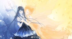  2girls armlet bare_shoulders black_dress black_hair blue_eyes bracelet bug butterfly butterfly_hair_ornament circlet closed_mouth cowboy_shot detached_sleeves dress fairy fairy_wings falling_leaves fire flames_of_dawn_(shining_nikki) floating_hair gold_armlet gown hair_floating_upwards hair_ornament halter_dress halterneck hand_on_another's_wrist holding holding_polearm holding_weapon hug jewelry leaf light_blush light_particles liquid_clothes long_dress long_hair long_sidelocks looking_at_another looking_at_viewer lost_tides_(shining_nikki) miqing multiple_girls nikki_(series) orange_dress orange_eyes orange_hair orange_wings pointy_ears polearm puffy_short_sleeves puffy_sleeves sad shining_nikki short_sleeves sidelocks smile strapless strapless_dress third-party_source very_long_hair water watermark waves weapon weibo_watermark white_sleeves wings 