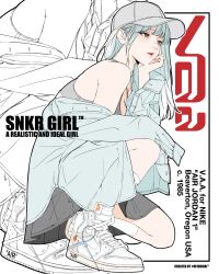  1girl aqua_hair aqua_jacket artist_name bambi_surprise baseball_cap cable_tie english_commentary english_text gradient_hair grey_hat grey_skirt grey_sports_bra hat highres jacket jacket_partially_removed kneeling long_hair multicolored_hair nike_(company) on_one_knee original parted_lips red_eyes shoes skirt sneakers socks solo sports_bra two-tone_hair white_hair white_shoes white_socks 