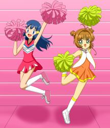  2girls absurdres blue_eyes blue_hair brown_hair cardcaptor_sakura cheerleader dress english_commentary green_eyes highres hikari_(pokemon) kinomoto_sakura multiple_girls orange_dress petrus92 pink_dress pink_shoes pokemon pokemon_(anime) pom_pom_(cheerleading) shoes smile sneakers socks white_shoes white_socks 