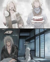 1girl 2boys bed bed_sheet dreaming english_text facial_mark highres jiraiya_(naruto) kokodrawings long_hair multiple_boys namikaze_minato naruto_(series) on_bed remembering spiky_hair tsunade_(naruto) 
