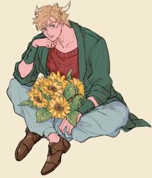  1boy battle_tendency blonde_hair blue_eyes blue_pants bouquet brown_shoes cable_knit caesar_anthonio_zeppeli chuu_ni coat collarbone commentary_request elbow_on_knee facial_mark fake_head_wings flower full_body green_coat jojo_no_kimyou_na_bouken leaf looking_to_the_side male_focus open_clothes open_coat pants parted_bangs red_sweater shoes sideways_glance simple_background solo sunflower sweater yellow_flower 