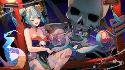  1girl armpit_crease bell blue_hair breasts double_bun giant_skeleton hair_bell hair_bun hair_ornament hair_ribbon highres hitodama inami_yoki inami_yoki_(artist) indie_virtual_youtuber lantern medium_breasts night ofuda one_eye_closed orange_eyes paper_lantern pelvic_curtain ribbon rope shimenawa short_hair shrine shrine_bell skeleton skull star_(sky) thighs virtual_youtuber 