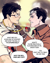  batman_(series) batman_symbol belt black_hair blue_eyes bodysuit dc_comics gloves grey_bodysuit highres jason_todd multicolored_bodysuit multiple_boys muscular muscular_male red_hood_(dc) short_hair superboy-prime superhero_costume superman_(series) sydney_lee_00 taut_bodysuit two-tone_bodysuit western_comics_(style) 