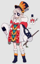 1girl absurdres artist_name bad_id bad_twitter_id black_boots black_hat blue_eyes boots branch cape closed_mouth coat collared_shirt eyepatch full_body fur-trimmed_coat fur-trimmed_socks fur_trim grey_background grey_coat grey_hair grey_socks hat highres holding holding_branch hood hood_down hooded_cape jikuno long_hair long_sleeves looking_at_viewer original red_cape shirt simple_background sleeves_past_fingers sleeves_past_wrists smile snowman socks solo standing white_shirt winter_clothes 