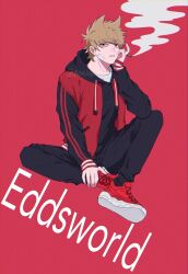  1boy alternate_costume animification antenna_hair bad_id bad_twitter_id bandage_on_cheek bishounen black_hoodie black_pants bonudun brown_hair cigar commentary_request copyright_name drawstring eddsworld film_grain full_body hair_ears hand_on_own_face highres holding holding_cigar hood hood_down hoodie long_sleeves male_focus multicolored_hoodie pants red_background red_eyes red_hoodie red_shoes shoes short_hair simple_background sitting smoking sneakers solo tord_(eddsworld) 