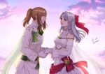  2girls autumn-sacura bangs bare_shoulders breasts bridal_veil bride brown_eyes brown_hair clouds cloudy_sky commission dawn detached_sleeves dress fire_emblem fire_emblem:_radiant_dawn fire_emblem_heroes gloves grey_hair hair_ribbon half_updo holding_hands kiran_(fire_emblem) long_hair long_sleeves looking_at_another medium_breasts micaiah_(fire_emblem) multiple_girls official_alternate_costume ponytail ribbon sky smile tuxedo upper_body veil wedding_dress white_dress white_gloves yellow_eyes 