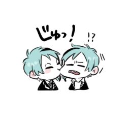  2boys biting biting_cheek black_jacket blue_hair brothers chuu_ni closed_eyes collared_shirt commentary cropped_torso floyd_leech jacket jade_leech lapels lowres male_focus multicolored_hair multiple_boys necktie night_raven_college_school_uniform notched_lapels open_clothes open_collar open_jacket open_mouth parted_bangs school_uniform sharp_teeth shirt siblings simple_background streaked_hair teeth translation_request twins twisted_wonderland white_background white_shirt wing_collar 
