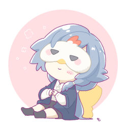  1girl black_hair black_shorts black_socks chibi closed_mouth coat commentary_request eye_mask fu_hua full_body grey_coat highres honkai_(series) honkai_impact_3rd jingwei_(bird) long_hair long_sleeves mask mon_momu pillow pink_background shirt shorts smile socks solo two-tone_background white_background white_shirt 