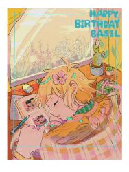  1boy absurdres aged_down antenna_hair aubrey_(faraway)_(omori) aubrey_(omori) basil_(faraway)_(omori) basil_(omori) blonde_hair box brown_sweater cactus character_name eraser flower gift gift_box hair_flower hair_ornament happy_birthday hero_(faraway)_(omori) hero_(omori) highres kel_(faraway)_(omori) kel_(omori) long_sleeves male_focus mechanical_pencil milkymilkyshark omori pencil photo_(object) plant potted_plant short_hair sunny_(omori) sweater window 