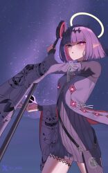  1girl absurdres arm_up bag black_hole blunt_bangs bob_cut commentary dress english_commentary flat_chest furisode_sleeves halo heterochromia highres hololive hololive_english long_sleeves looking_at_viewer mole mole_under_eye night ninomae_ina'nis ninomae_ina'nis_(drawn_to_dawn) official_alternate_costume official_alternate_hairstyle outdoors paid_reward_available parted_lips pink_eyes pink_hair pleated_dress pointy_ears purple_dress purple_hair s_aeho short_dress short_hair solo temari_print thigh_strap violet_eyes virtual_youtuber 