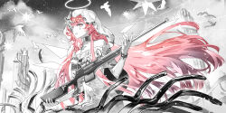  1girl absurdres ambience_synesthesia arknights bridal_gauntlets broken_pillar chinese_commentary commentary_request energy_wings facial_mark gun halo highres holding holding_gun holding_weapon ldty lemuen_(arknights) lemuen_(requiem_vesperis)_(arknights) long_hair monochrome official_alternate_costume parted_lips pendant_choker pink_eyes pink_hair rifle simple_bird sitting sniper_rifle solo spot_color teardrop_facial_mark veil very_long_hair weapon 