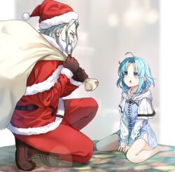  1boy 1girl ahoge barefoot blue_eyes blue_hair boots christmas fake_beard fake_facial_hair feet hat lara_greyrat looking_at_another m.tokotsu midcalf_boots mushoku_tensei open_mouth orsted_(mushoku_tensei) santa_costume santa_hat white_background white_hair 