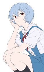  1girl absurdres artist_name ayanami_rei black_socks blue_hair blue_skirt blue_vest buttons closed_mouth feet_out_of_frame hair_between_eyes hand_on_own_face hand_up highres looking_at_viewer neck_ribbon neon_genesis_evangelion open_clothes open_vest purigetsu red_eyes red_ribbon ribbon sailor_collar school_uniform shirt short_hair short_sleeves simple_background sitting skirt skirt_set socks solo tokyo-3_middle_school_uniform vest white_background white_shirt 