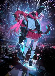  1girl :d absurdres ahoge animal_ear_fluff animal_ear_legwear animal_ears ankle_belt armband belt belt_collar black_belt black_jacket black_necktie cat_ear_legwear cat_ears cat_tail city_lights collar collared_shirt commentary_request fang floating_hair glasses guest_art hair_intakes hair_ornament highres jacket kneehighs leg_up loafers localized_gravity midair miniskirt nanally_(neverness_to_everness) necktie neon_lights neverness_to_everness night oekaki_taro official_art pink_armband pink_hair pink_skirt pleated_skirt red_eyes round_eyewear school_uniform shirt shoes skirt sleeves_past_wrists smile socks solo stuffed_animal stuffed_tiger stuffed_toy tail tiger_hair_ornament white_shirt x_hair_ornament 