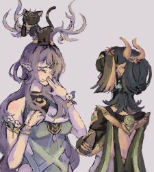  2girls ancient_egyptian_clothes animal animal_on_head antler_ornament antlers anyamisu aqua_dress armlet black_cat breasts cat cat_on_head closed_eyes deer deer_antlers deer_girl dress eye_tattoo finger_claws gem genshin_impact gold_jewelry green_gem green_hair green_streaks hair_over_one_eye headpiece highleg highleg_dress highres horns jewelry lauma_(genshin_impact) leaf_dress mark_under_eye multicolored_hair multiple_girls nefer_(genshin_impact) on_head pointy_ears reindeer_girl streaked_hair tattoo whiskers yuri 