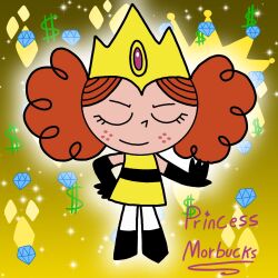  1girl afro_puffs black_gloves black_shoes character_name child closed_eyes commentary crown dollar_sign dress elbow_gloves english_commentary freckles full_body gem gem_(symbol) gloves gold_crown hand_on_own_hip highres kawaiigirl27 marker_(medium) orange_hair outstretched_arm pantyhose powerpuff_girls princess_morbucks purple_gem shoes short_dress sleeveless smile smug sparkle_background standing toon_(style) traditional_media white_pantyhose yellow_background yellow_dress 