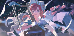  1girl :d barcarola_(reverse:1999) beamed_eighth_notes blue_eyes blue_shirt crackling_box_(reverse:1999) dark_background dixie_cup_hat gloves hand_up hat highres holding holding_instrument instrument long_braid looking_at_viewer military_hat mole mole_under_eye musical_note musical_staff open_mouth ponfer quarter_note red_hair reverse:1999 sailor_collar shirt sixteenth_note sleeveless sleeveless_shirt smile solo sparkle upper_body white_gloves white_hat 