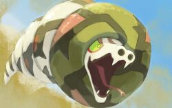  blue_sky colored_sclera commentary_request fangs forked_tongue full_body green_eyes green_sclera highres no_humans nostrils one-hour_drawing_challenge open_mouth pokemon pokemon_(creature) pokemon_focus pokemon_sword_and_shield sakuraiisui sand sandaconda skin_fangs sky snake tongue tongue_out 