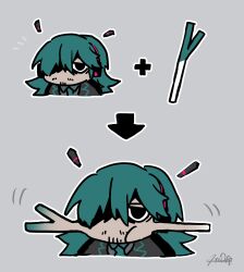  1boy arrow_(symbol) atuhi black_coat black_eyes blue_hair blue_necktie chibi chibi_only coat collared_shirt eating facial_hair food_in_mouth genderswap genderswap_(ftm) goatee_stubble grey_background grey_shirt hatsune_miku headset highres long_hair male_focus mature_male miku-oji mustache_stubble necktie plus_sign portrait shirt simple_background solo spring_onion stubble vocaloid 